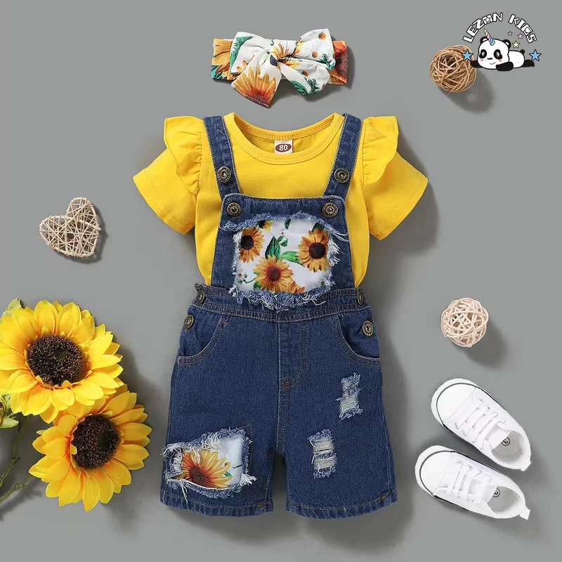 LEZONKIDS - Customizable Hot Sale Short-sleeved Blouse Girls Clothing Set Sunflower Print Jeans Girls Clothing Set